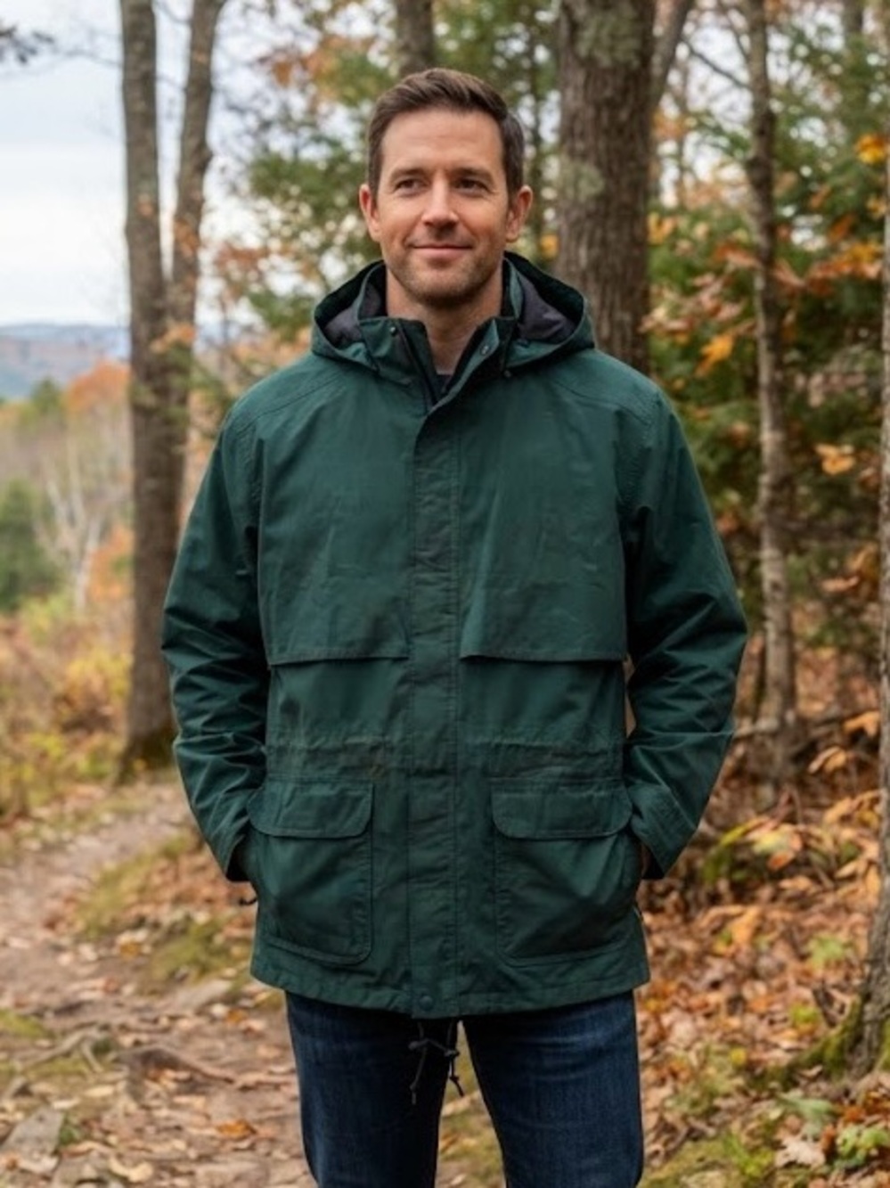 Eddie Bauer Forest Green GORE-TEX Rain Jacket Removable Hood Waterproof Coat